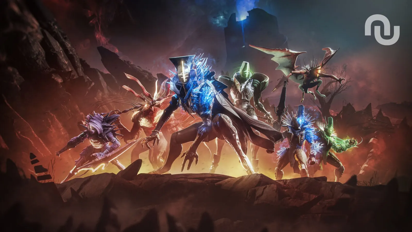 A digital art representation of two contrasting video game characters, one from Warframe and one from Destiny 2, standing back-to-back with a somber expression.