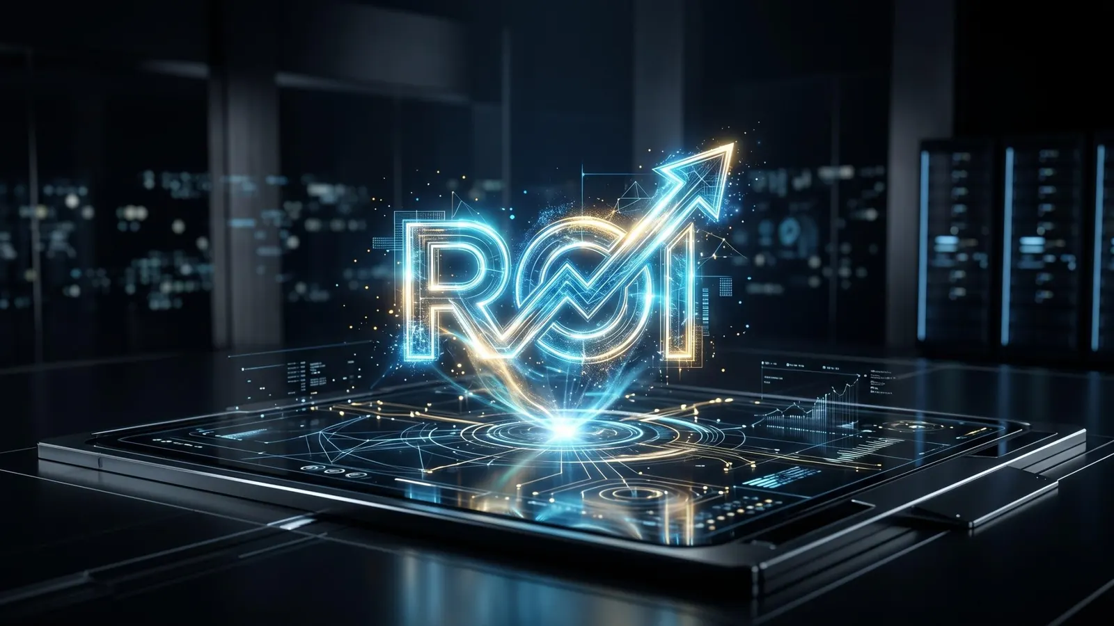 Analyst reviewing AI adoption and profitability metrics on dashboard screens