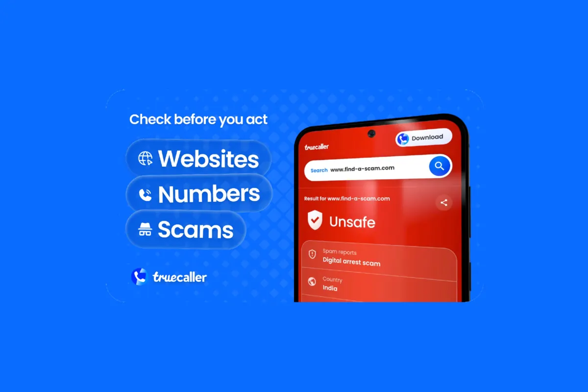 Truecaller Scam Checker web interface on a smartphone, displaying a scam detection result for a suspicious phone number